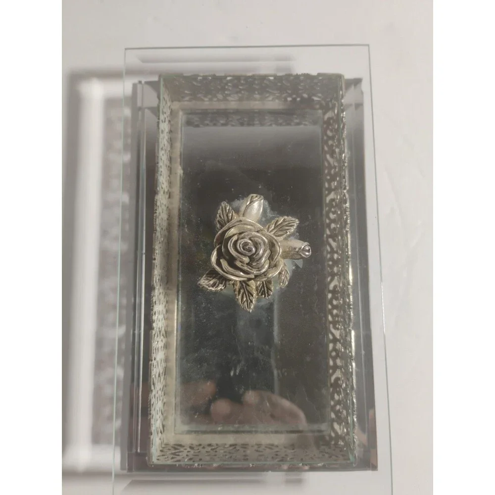 Vintage Studio Silversmiths Rose Filigree Beveled Glass Mirrored Jewelry Box